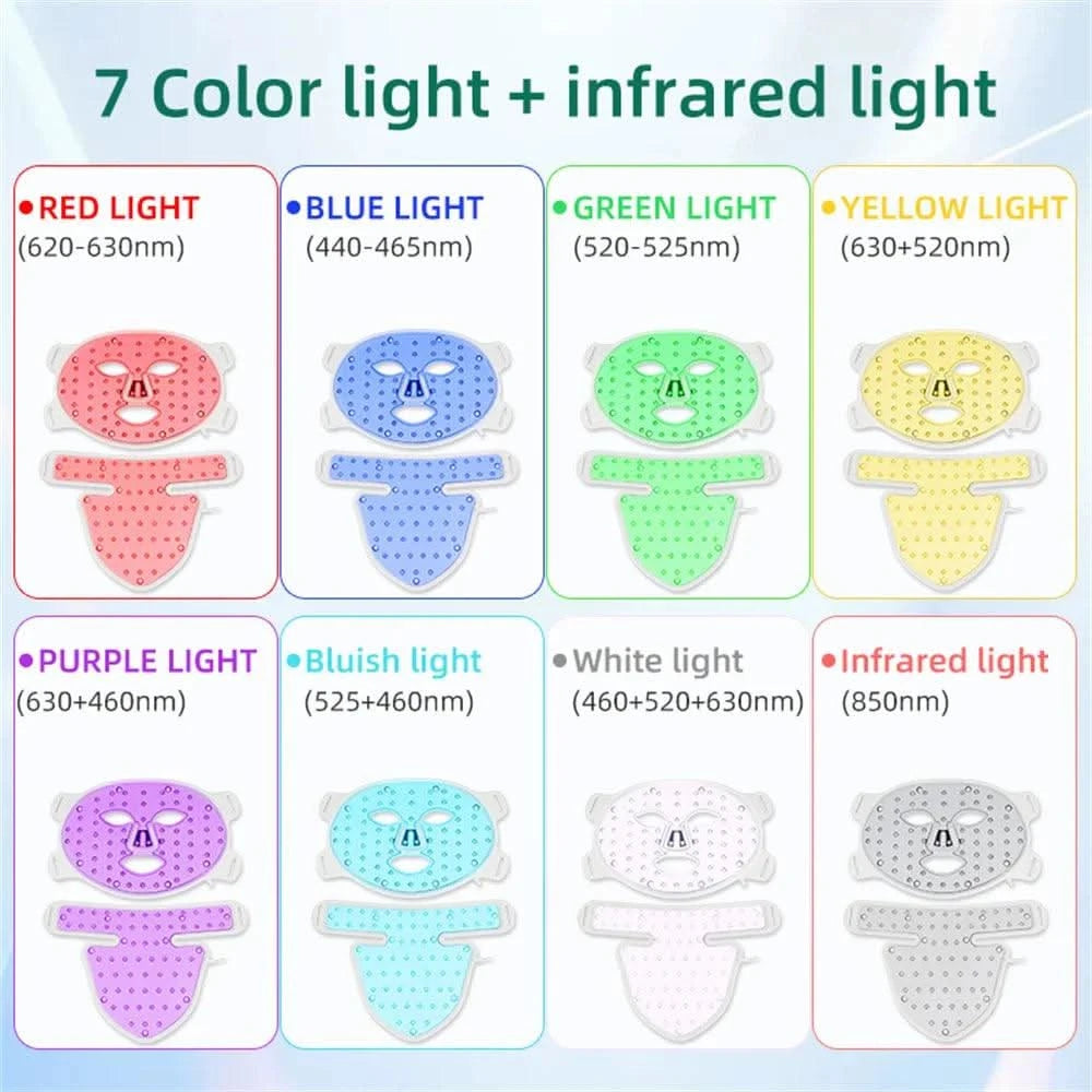 LED 8 Colours Face Mask and Neck Red Light Infrared Therapy Anti Aging, Collagen Boosting, Wrinkle Acne Pore Skin Tighten - Clean Vanilla