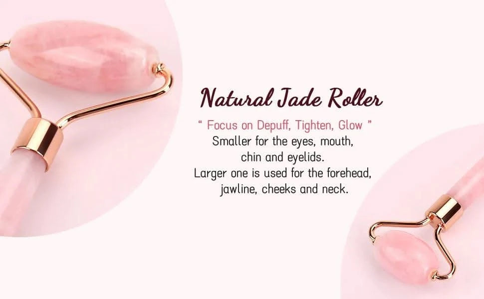 Natural Pink Rose Roller Gua Sha Set Facial Body Massager Roller Face Lifting Beauty Massage Tools Rose Quartz Jade Stone Massage Set - Clean Vanilla