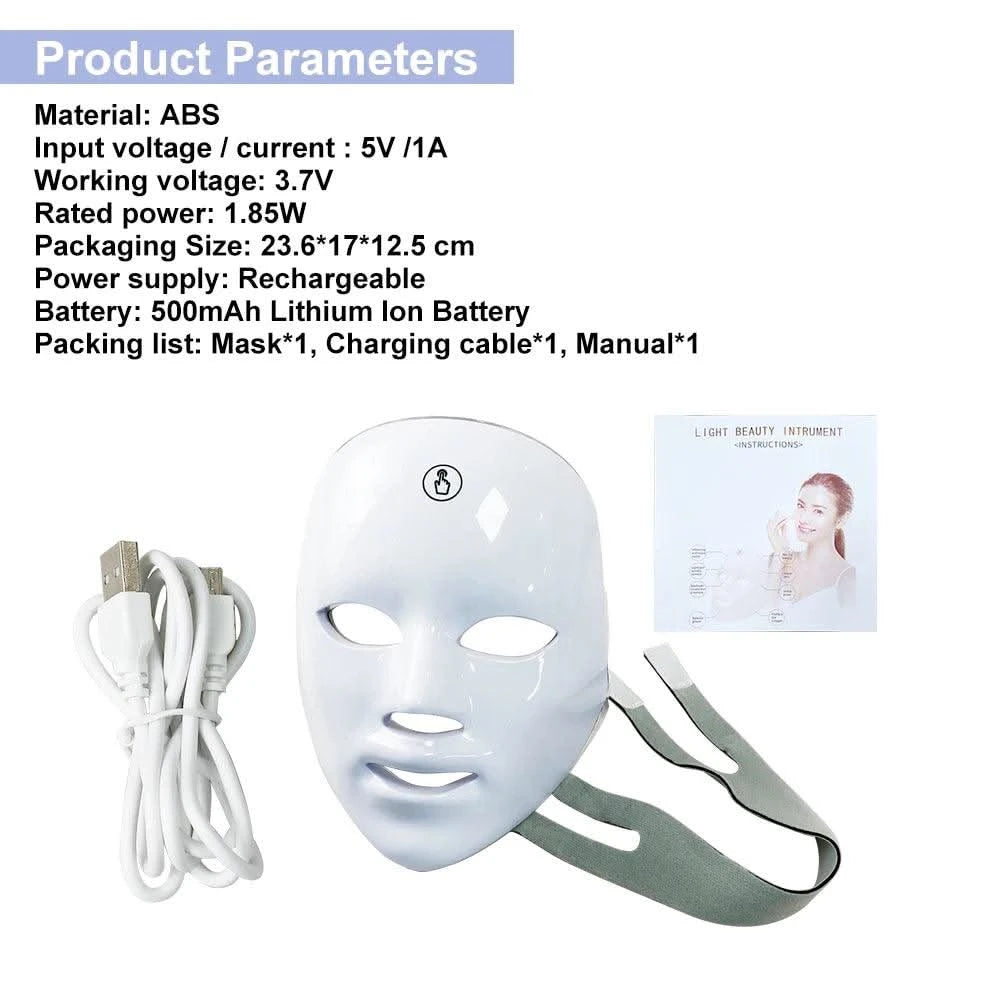 LED Facial Mask Photon Therapy 7 Colours Red Light Face Skin Rejuvenation - Clean Vanilla