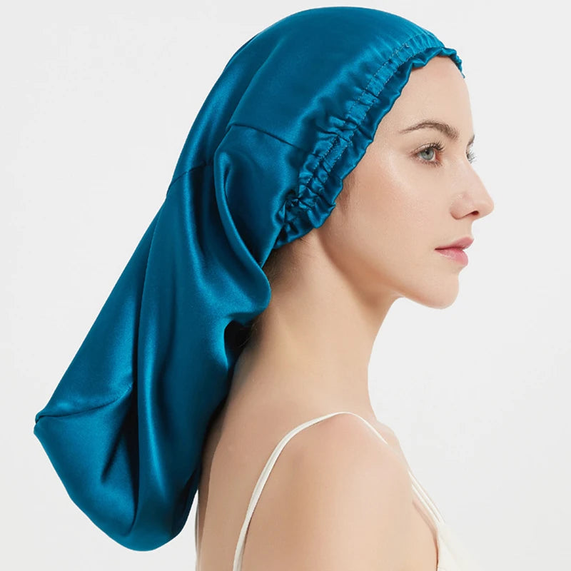 100% Mulberry Silk Long Hair Wrap Bonnet for Women Night Sleeping Cap for Long Curly Dreadlock Braid Hair - Clean Vanilla