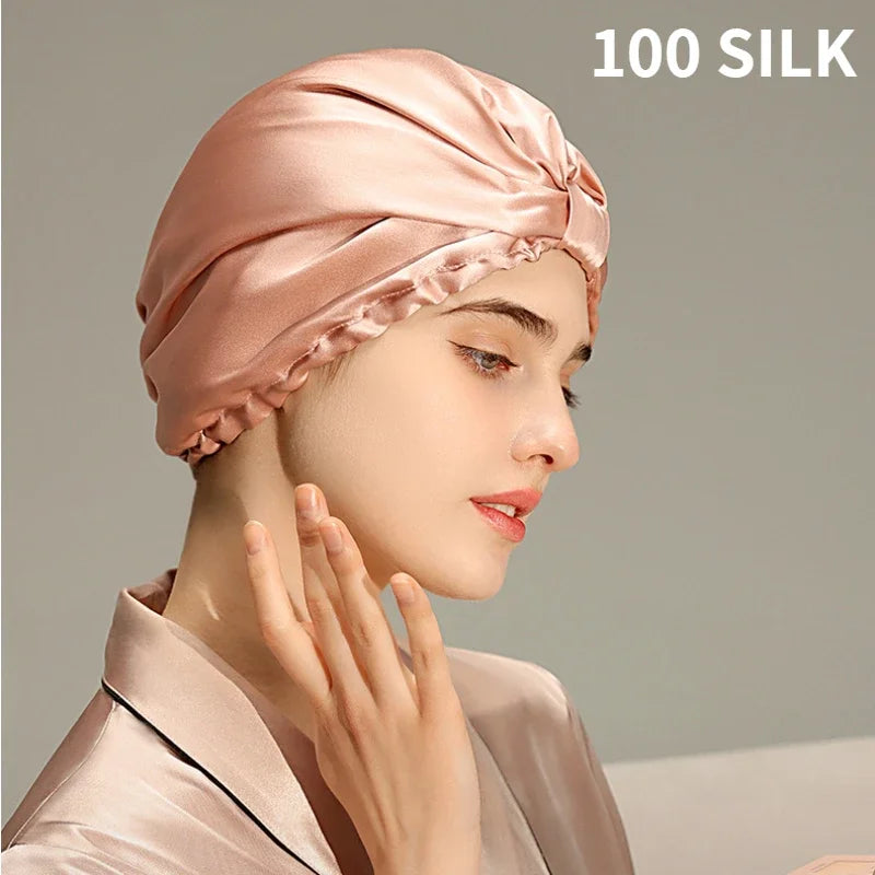 Pure Silk Night Caps Mulberry Silk Sleeping Bonnet Hair Loss Hat Natural Silk Turban For Hair Sleeping Silk Headwrap For Women - Clean Vanilla